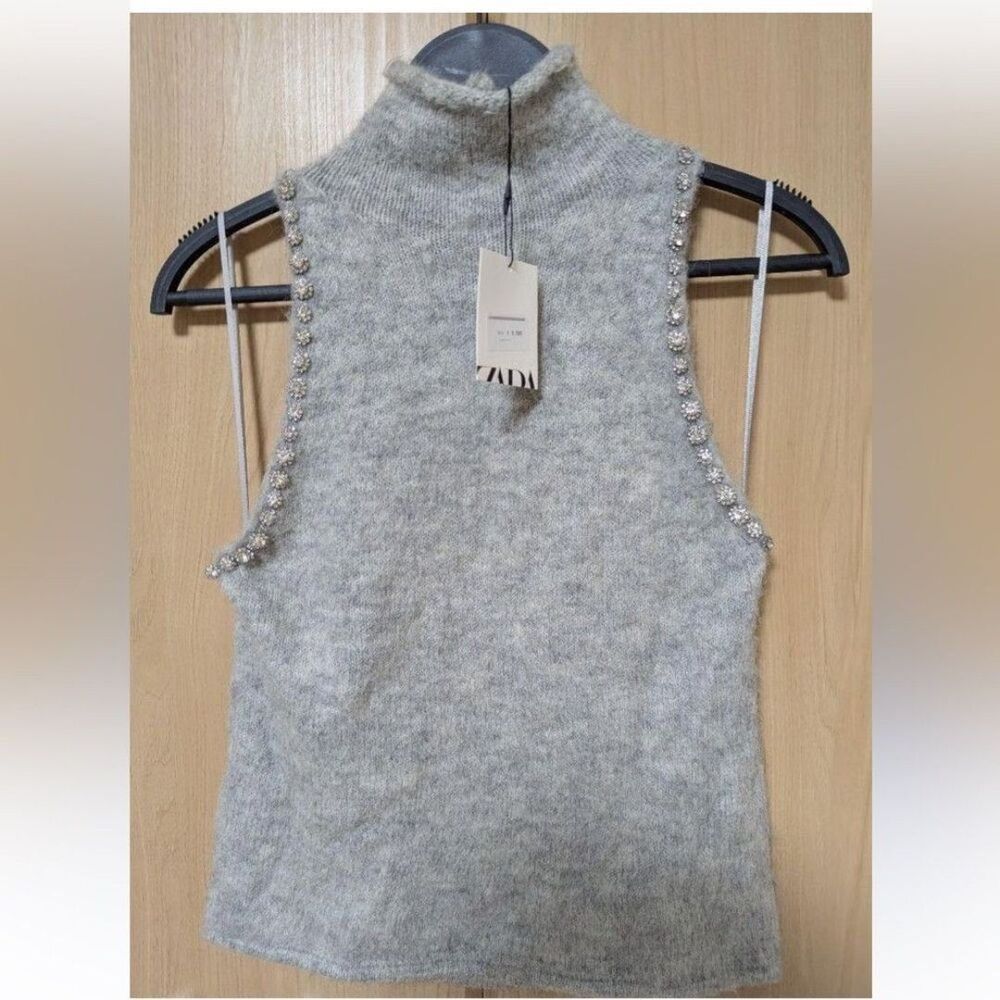 NWT Zara Gray Turtleneck Sleeveless Knit RHINESTONES size Small